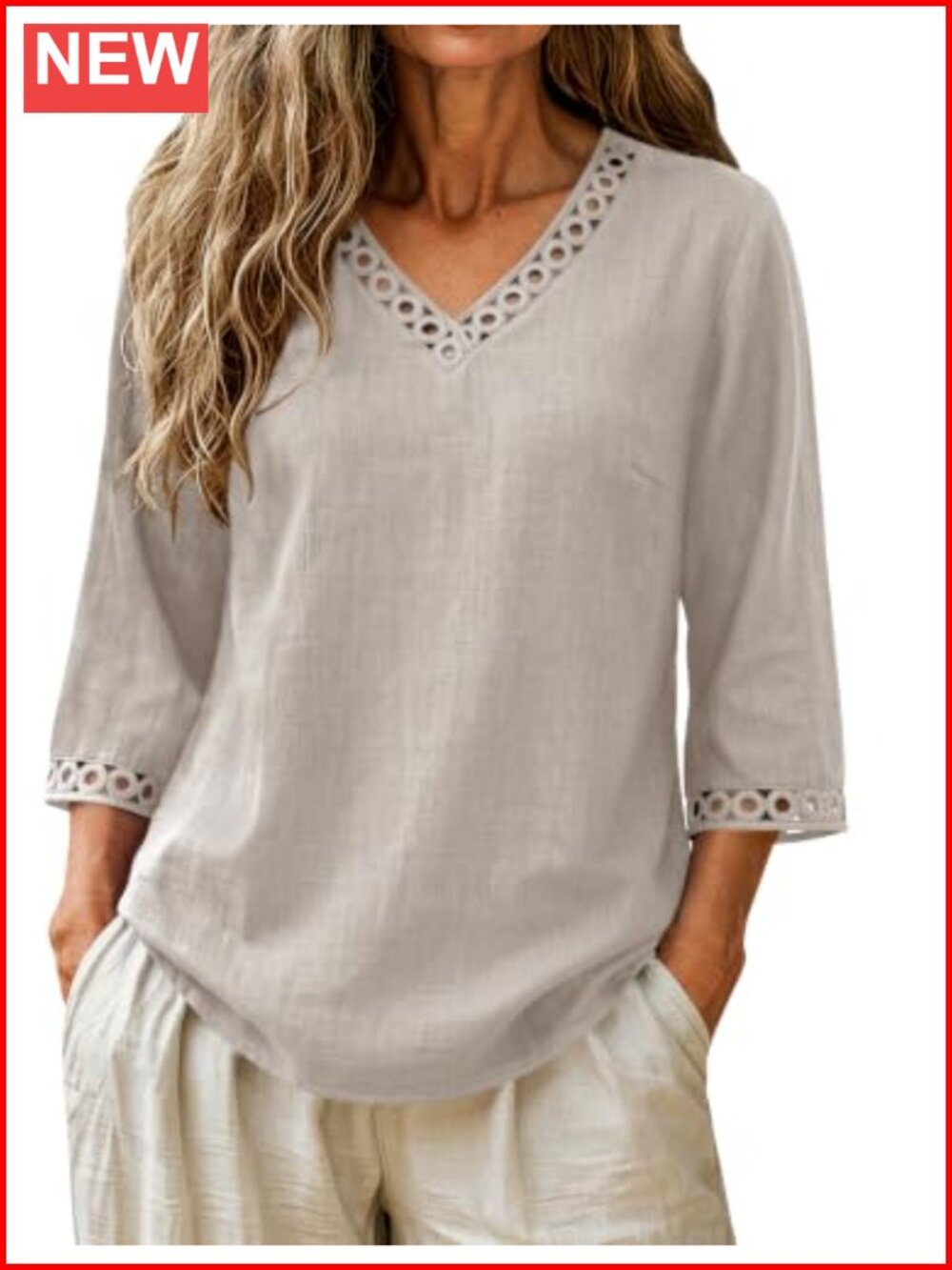 Womens Cotton Linen V Neck 3/4 Sleeve Eyelet Lace Blouse Top
